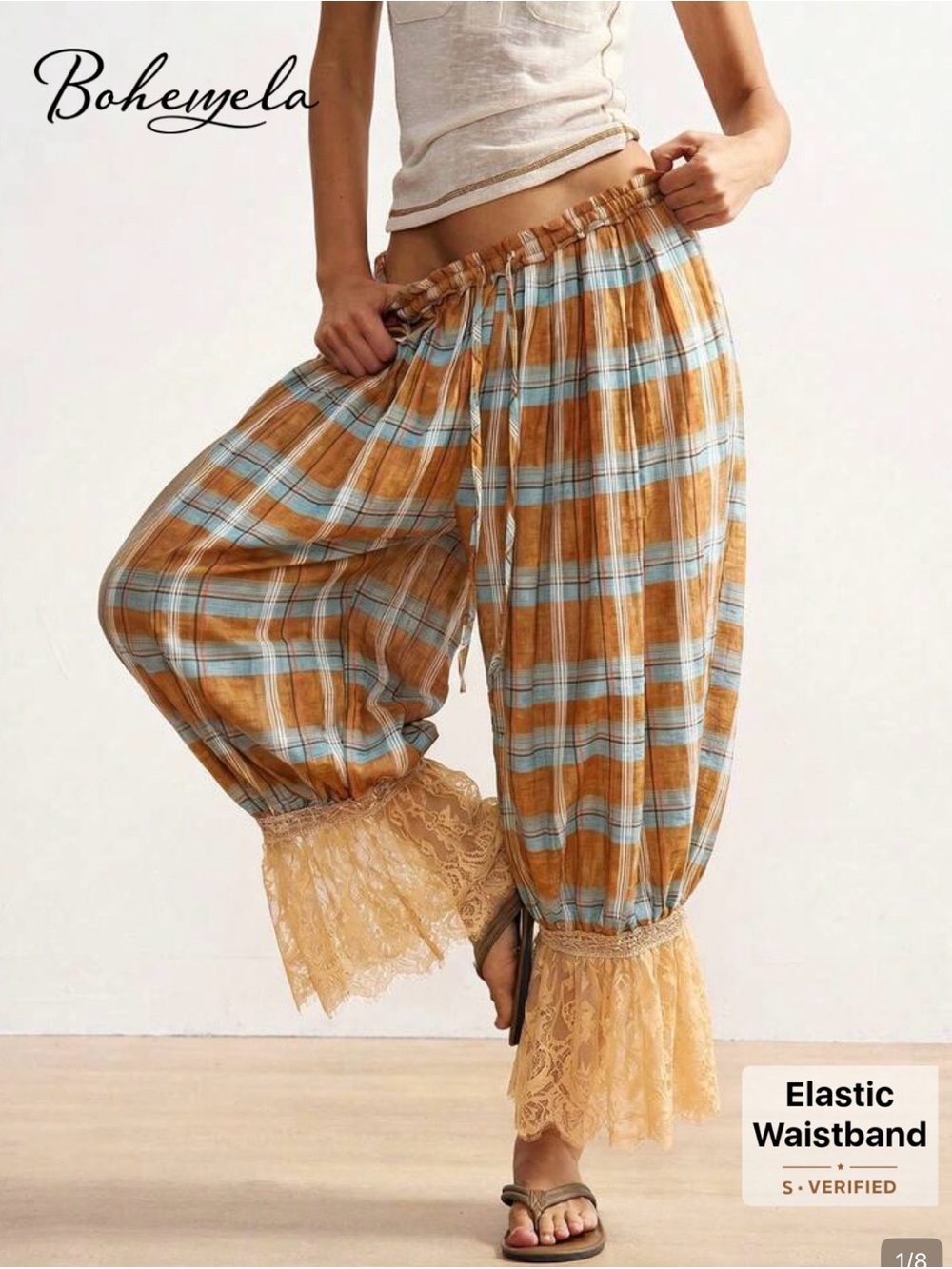NWT Bohemela Orange & Light Blue Plaid Elastic-Waist Lace-Hem Pants, Bloomers